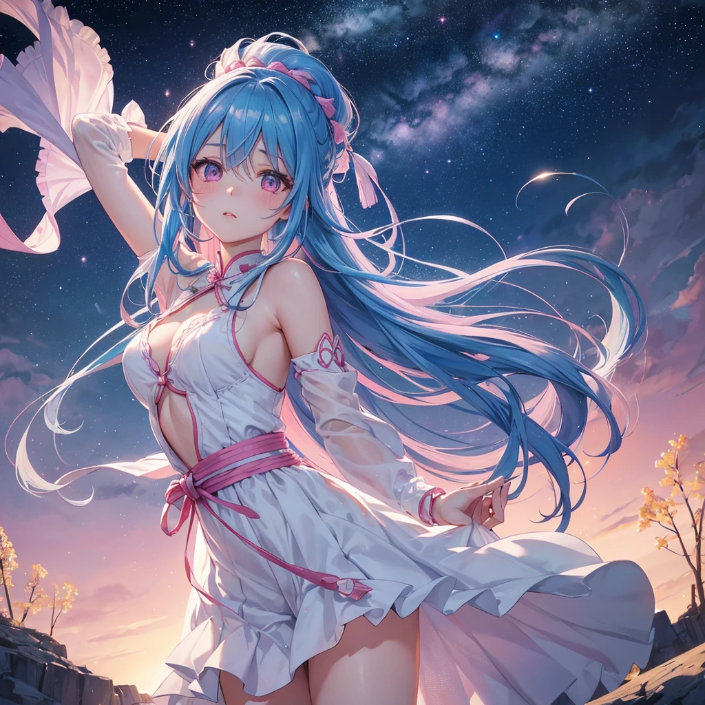 Sky blue hair, (One braided ponytail),(Pink Eyes),Fair skin ,(whole body),(One girl),goddess,Orihime,(Sky Yue),Tanabata,(The Milky Way in the night sky),Hollow Eyes,Blushing,Straight bangs,(masterpiece, Highest quality, Very detailed, Best Shadow), (Detailed Background), (Beautifully detailed face), High Contrast, (Best lighting, Very delicate and beautiful), ((Cinematic Light)), colorful, Hyper Detail, Dramatic Light, Intricate details,Open your arms