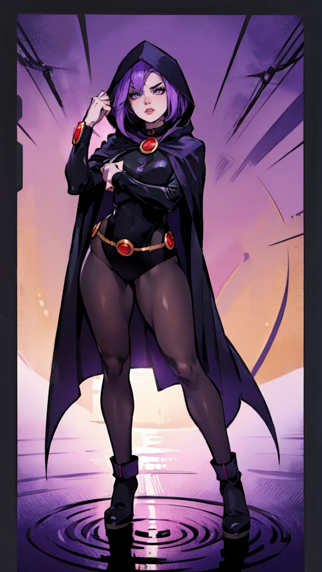illustration of Raven from DC Comics, 1 girl, photo by full body, showing the whole body, Raven, high collar, collant preto, black cloack, hooded cloak, cabelo roxo, testa jeauel, purples eyes, shorth hair, waist belt, stretched skin, standing, neckleace, toned, pose, natta , moonlights, ((posando)), motion lines, trunk, trunk, portraite, b&au. contour, no anime taro card art style, chic, glamorous, reflection, Glow Up, shadowing, pantyhose 40 dinier, mic