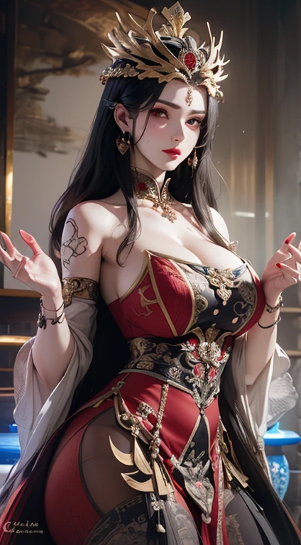 (((Full and soft breasts,)))(((Huge breasts))) (((Cleavage))) (Perfect curvy figure), 1 Queen Medusa is very beautiful in Hanfu, thin Red silk shirt with many yellow motifs, Black lace top, The crown on her head, Long hair dyed black, Beautiful hair accessories, Nice and cute face, Perfect face, Earrings Jewelry, Antique Jewelry, big Red eyes, Sharp eye makeup, Delicate eyelash makeup, Sparse eyebrows, high nose, pretty Red lips, No smile, Pursed lips, Red face,, Well-proportioned breasts(((Large Breasts、Breast sagging、Low-cut，cleveage ，Wide hips,)))((Long legs)),Hourglass figure)), Slim waist, Red mesh stockings with black border, Chinese Hanfu style, Fictional Art Patterns, Vivid colors, original photo, Actual photos, Ultra-high quality 8k ultra-realistic photos, good photo, (Virtual Light Effects: 1.8), 10x pixel, Effect Magic (background): 1.8), (Super detailed eyes: 1.8), (eyelid): Red: 1.8), (Dark circles pupil: 1.8)Beautiful girl portrait, Girl Alone, antique hanfu background, Look directly at the audience, Wide original image, 8K picture quality, Super sharp, Most detailed、The clearest images, detailed bright background,