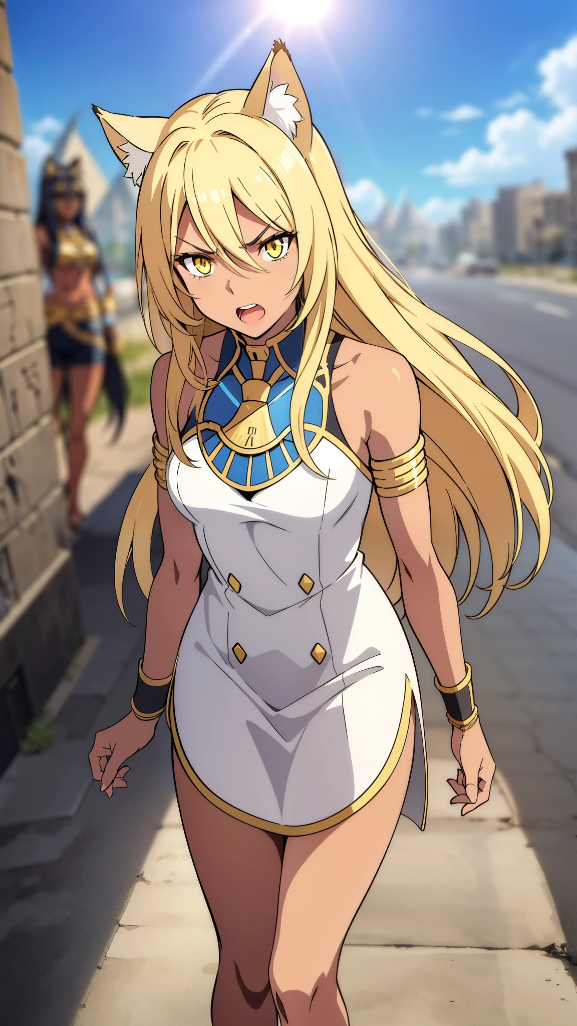 1girl ,solo,20s,mature female,blonde hair,long hair,cat ears,yellow eyes,(((dark skin))),(Egypt city, blue sky, sun),egypt oufit,bare shoulders,looking at view,angry, open mouth
