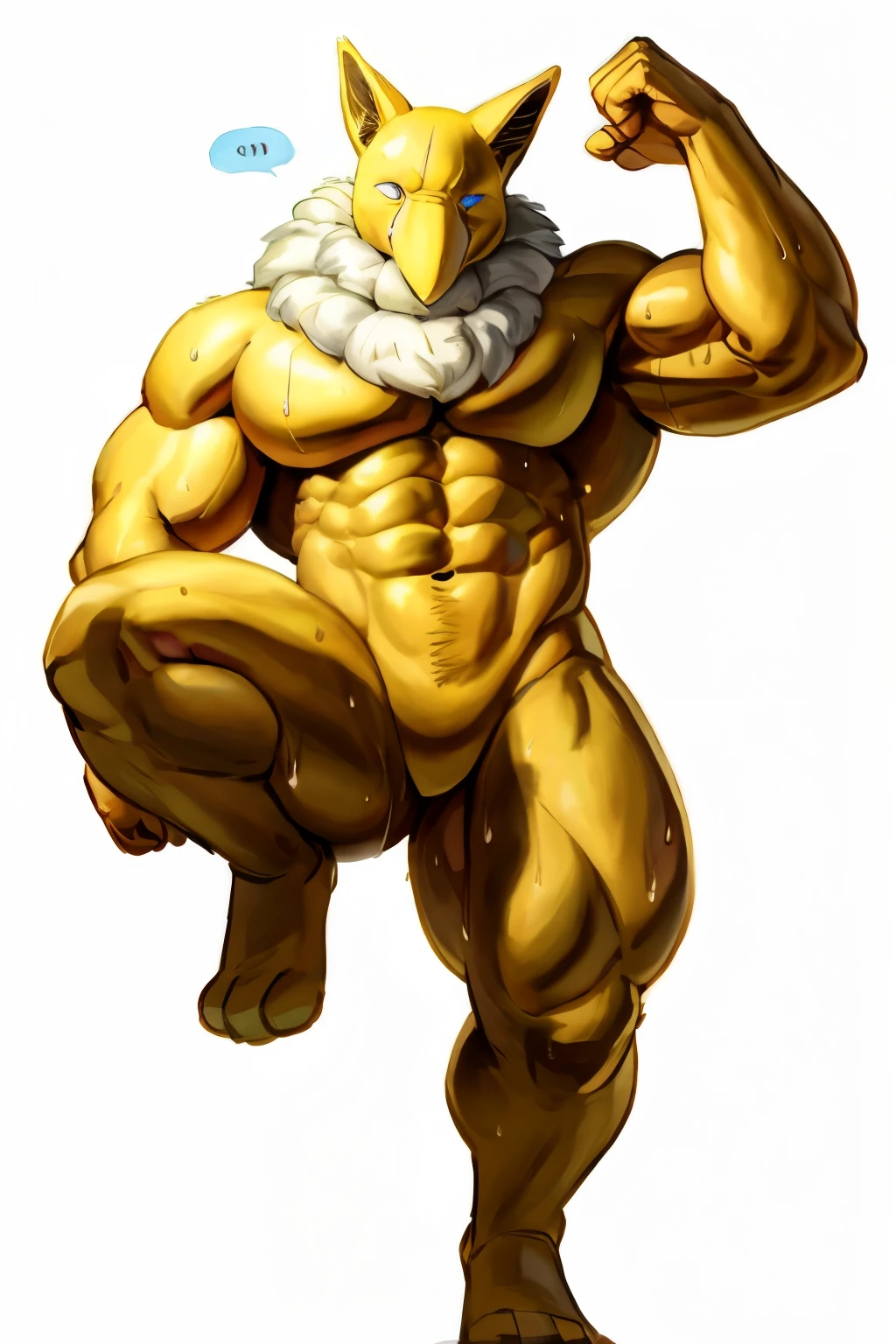 Furry, Anthro, Hypno, Male, (((muscular body, massive thighs, massive biceps, massive male pectorals, fluffy neck))), ((((wide-eyed, confused, looking at viewer, standing on one leg, leg up, sweating profusely)))), ((((((massive bulky torso)))))), naked, gold skin, Plain background, by buta99, by meesh, (((digital painting)))
