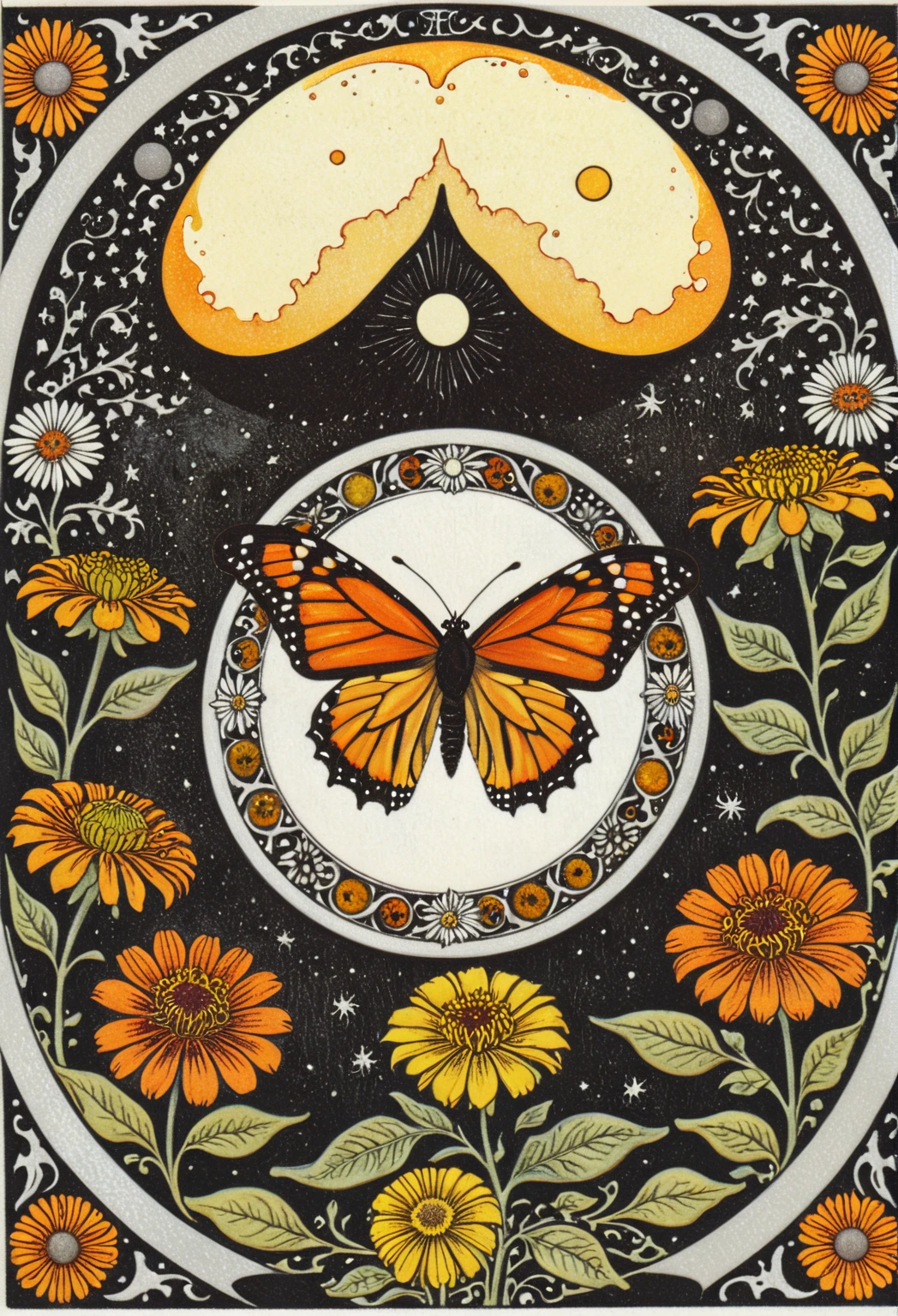 symmetric, balanced, monarch butterfly at the center of the moon surrounded by a frame of zinnia flowers, dark amber and gray colors, ephemeral patterns, witchcore aesthetics, cloisonnism, eleanor vere boyle, Ivan Bilibin Style page, lks73zb1, Inkdrawing, by Kr355e