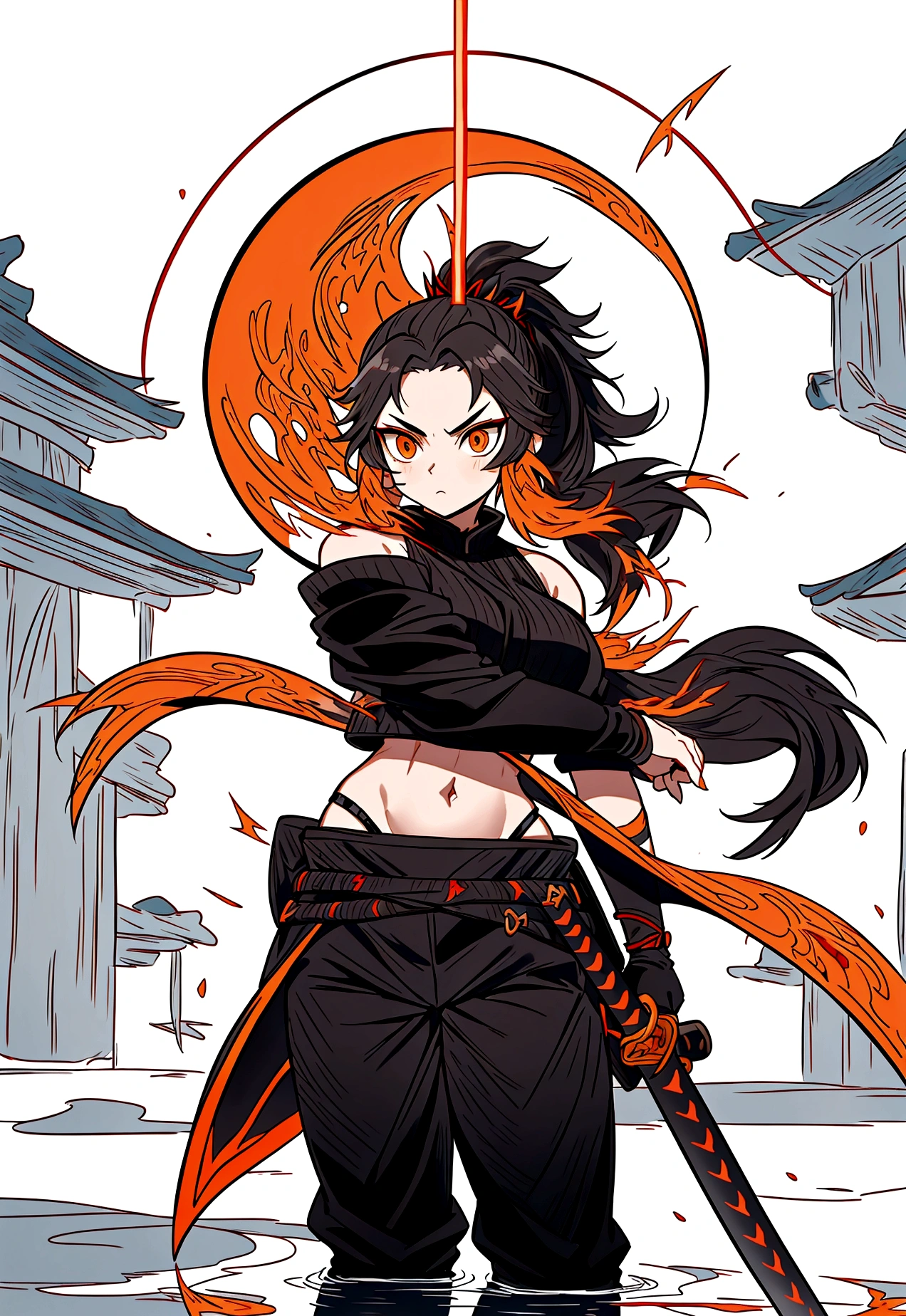 A warrior woman inspired by "Demon Slayer" wears a stylish and powerful Hashira uniform. She wears a black top that reveals her toned stomach, paired with fitted black pants. Black kimono has tips adorned with a gradient of flames, from yellow to orange. She has medium black hair, loose and curled, emoldurando seu rosto. His dark brown eyes exude determination and wisdom.. She holds a katana tightly, and around you, there is an aura of dancing flames, reflecting its intense presence. The scenery is dramatic, with a full moon in the sky. shoulders showing, tight-fitting glove up to the forearm
