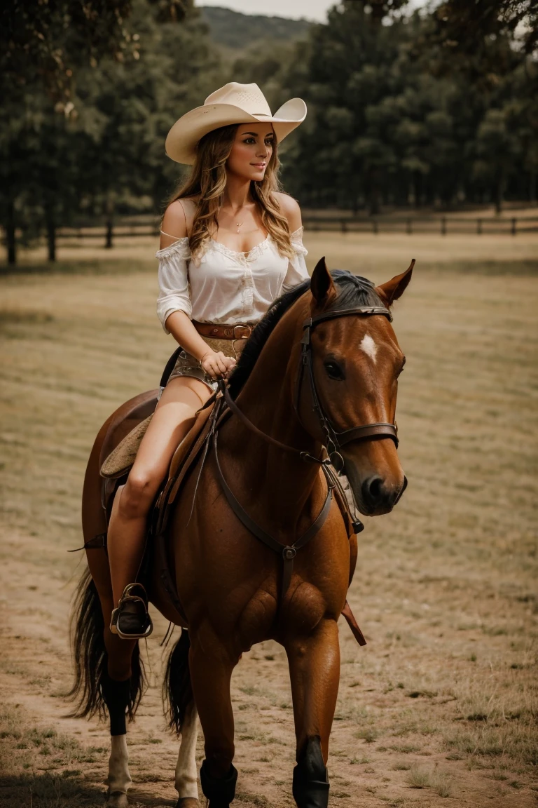 Beautiful woman riding horseback, horse riding, cowgirl hat, american flag