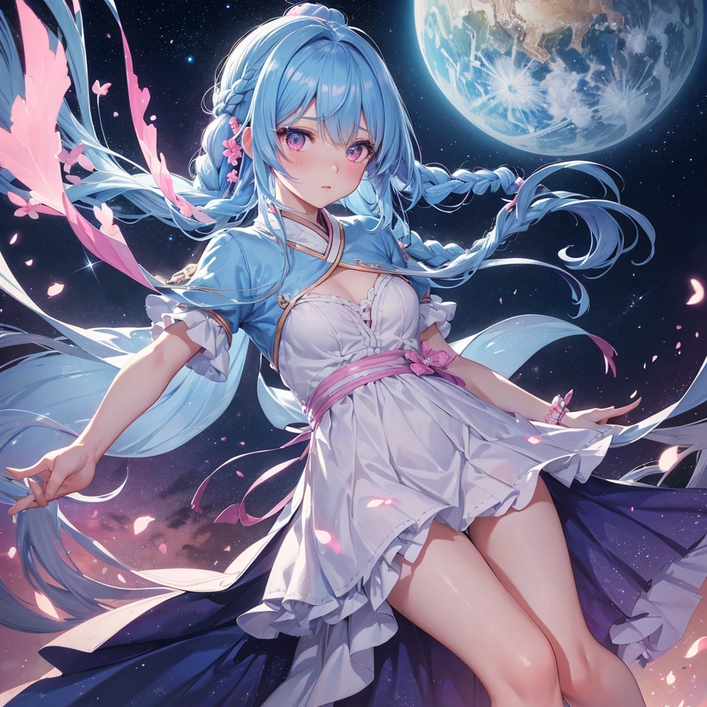 Sky blue hair, (One braided ponytail),(Pink Eyes),Fair skin ,(whole body),(One girl),goddess,Orihime,(Sky Yue),Tanabata,(The Milky Way in the night sky),Hollow Eyes,Blushing,Straight bangs,(masterpiece, Highest quality, Very detailed, Best Shadow), (Detailed Background), (Beautifully detailed face), High Contrast, (Best lighting, Very delicate and beautiful), ((Cinematic Light)), colorful, Hyper Detail, Dramatic Light, Intricate details,Open your arms