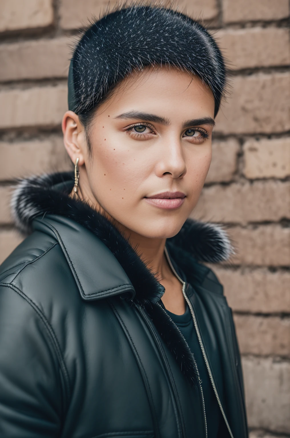 RAW photo, (portrait: 1.2), (fur muy detallada: 1.2), 8K uhd, DSLR, soft illuminaotion, high quality, movie grain, Fujifilm XT3 , don't change your face , same face , the same face , HD , the same face de la foto original , grey eyes , leather textures on jacket HD , circular buttons , don't change face , same face in super HD , hyper realistic , super realistic , real , Very detailed , arete , ask , fur supe realista , fur HD , fur , couples , fur super real