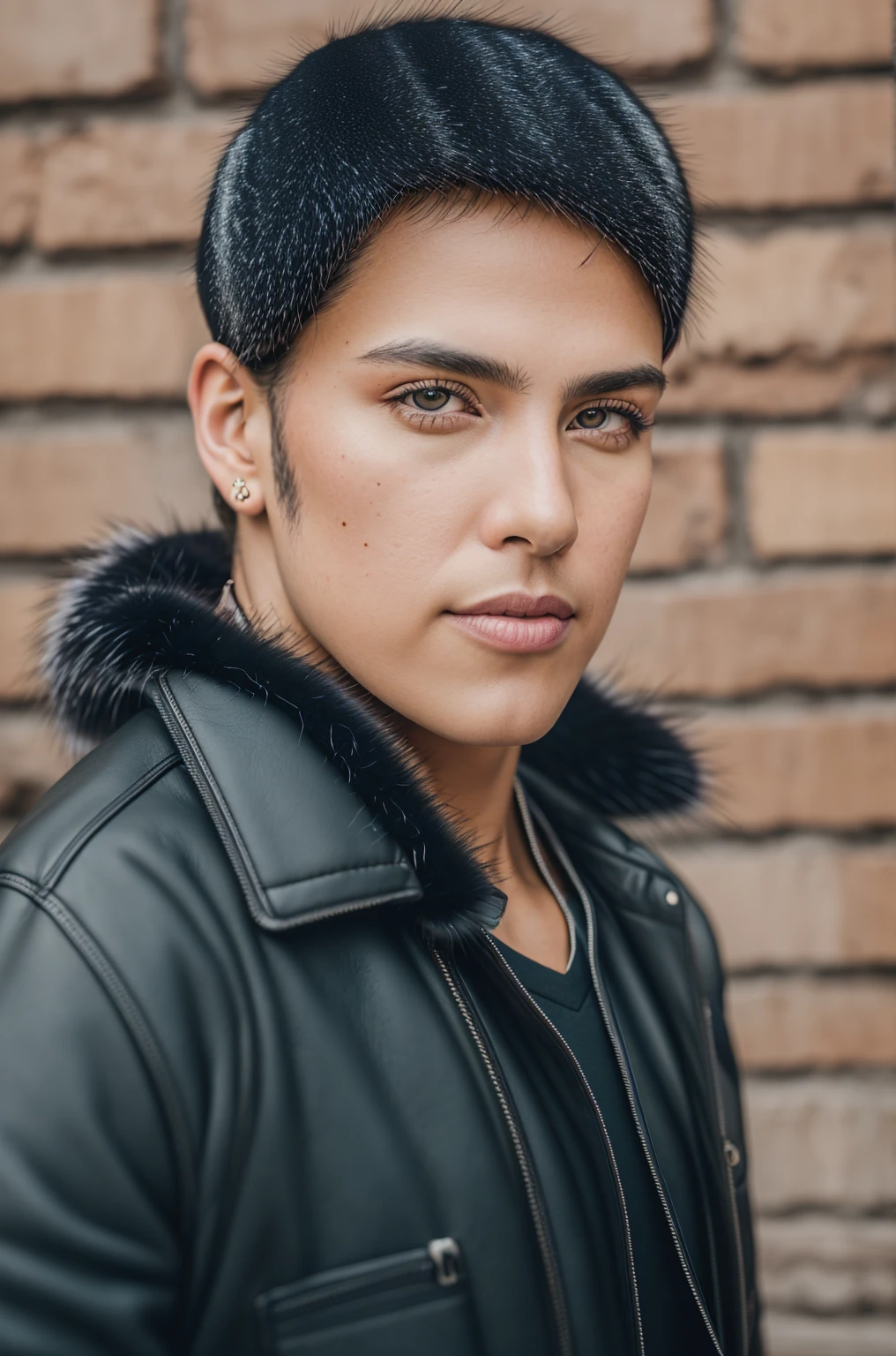 RAW photo, (portrait: 1.2), (fur muy detallada: 1.2), 8K uhd, DSLR, soft illuminaotion, high quality, movie grain, Fujifilm XT3 , don't change your face , same face , the same face , HD , the same face de la foto original , grey eyes , leather textures on jacket HD , circular buttons , don't change face , same face in super HD , hyper realistic , super realistic , real , Very detailed , arete , ask , fur supe realista , fur HD , fur , couples , fur super real