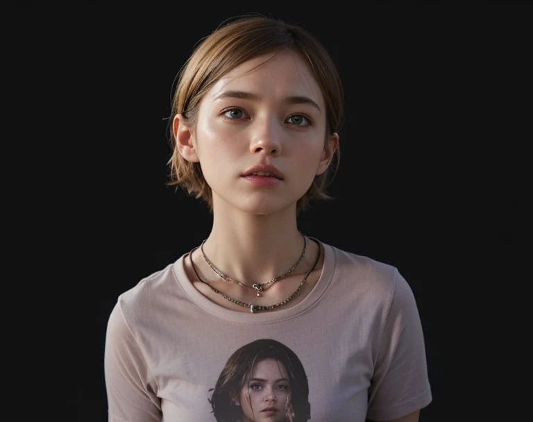 Sarah (The Last Of Us), white girl, blue eyes, blonde hair, necklace, light pink T-Shirt