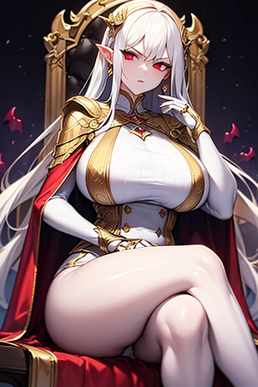 masterpiece, extra limbs, 1vampire lady, 250 years old,((light gold extra long hair)), slant blank ruby red eyes, big breasts, curvy,(pale white finely detailed skin), (serious),(((clothed Necromancer))),hair ornaments,earrings,cape,evil sword,crossed legs,sitting on throne,old castle,midnight 