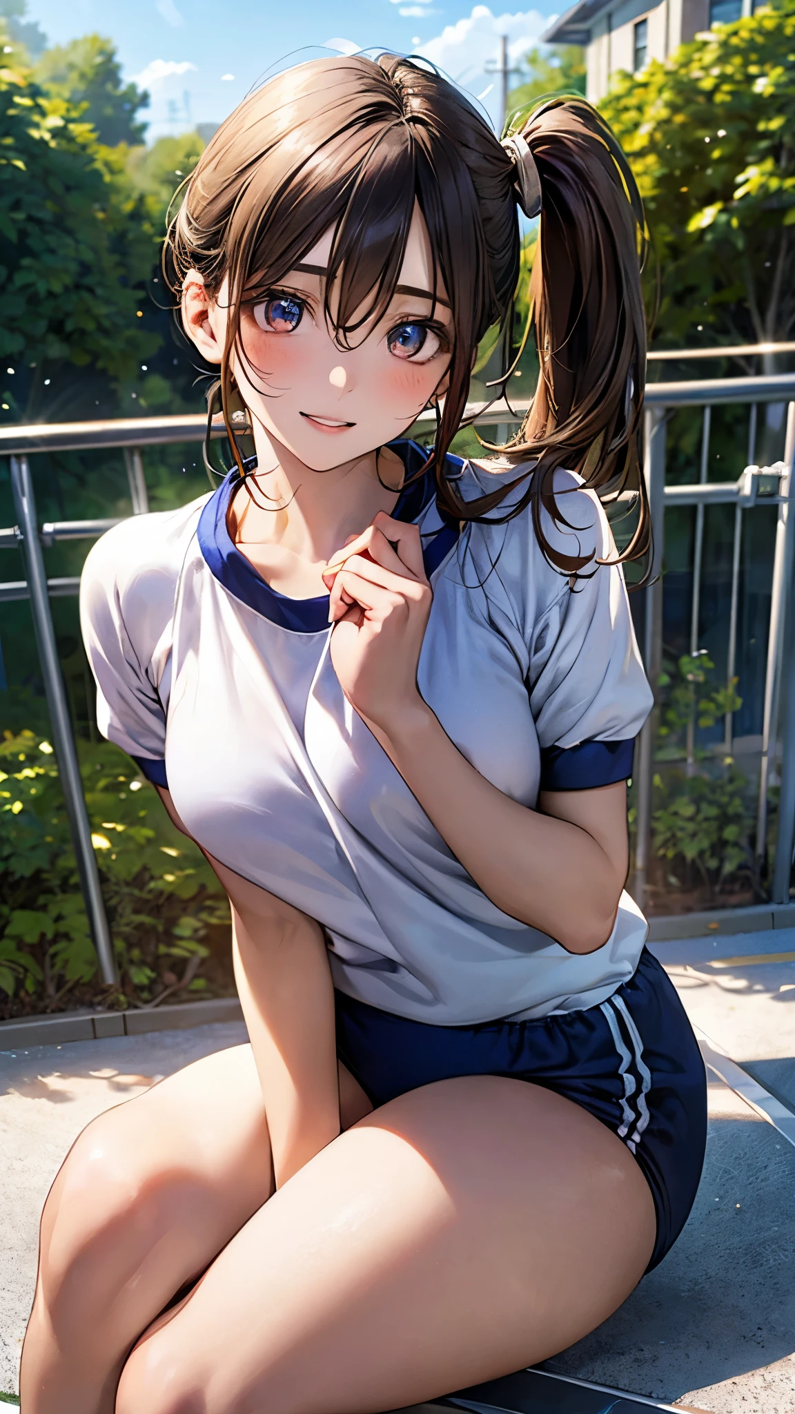 (masterpiece:1.2, top-quality), (realistic, photorealistic:1.4), beautiful illustration, (natural side lighting, movie lighting), nsfw,
looking at viewer, 1 girl, japanese, high school girl, perfect face, cute and symmetrical face, shiny skin,
(middle hair:1.5, side ponytail:1.2, light brown hair), hair between eyes, gold eyes, big eyes, long eye lasher, (medium breasts, thick thighs), slender,
beautiful detailed hair, beautiful detailed face, beautiful detailed eyes, beautiful clavicle, beautiful body, beautiful chest, beautiful thigh, beautiful legs, beautiful fingers,
(gym uniform, blue buruma),
(beautiful scenery), evening, (school grounds), sitting, (lovely smile, upper eyes, parted lips),