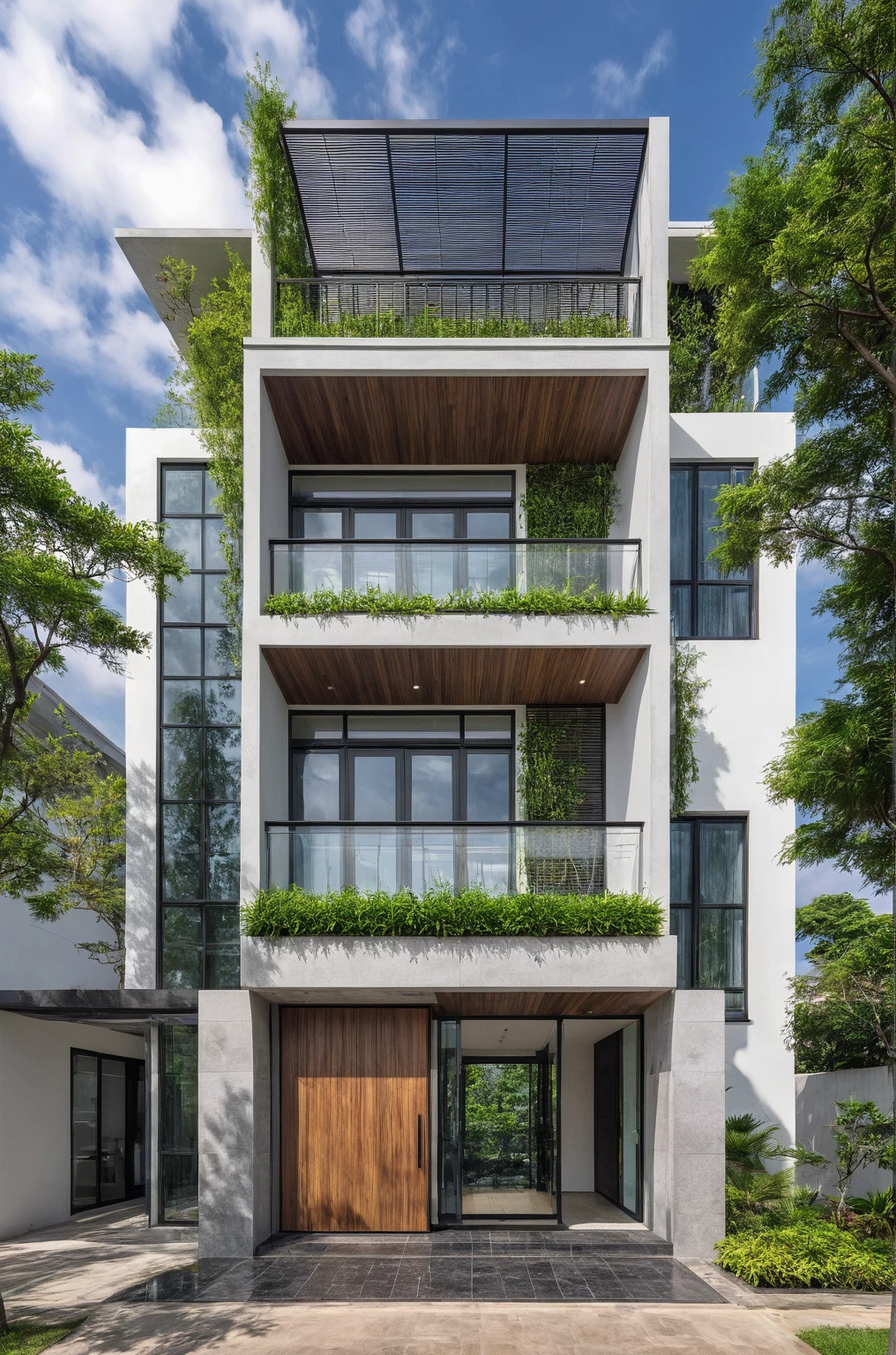 masterpiece, best quality, exterior design, single 1 storie modern house on the Vietnam village, marble, steel, modern dark tiled granite and white walls facade, wooden ceiling, large glass, minimalist modern style, green shrubs and tropical tree background, large door and windows.