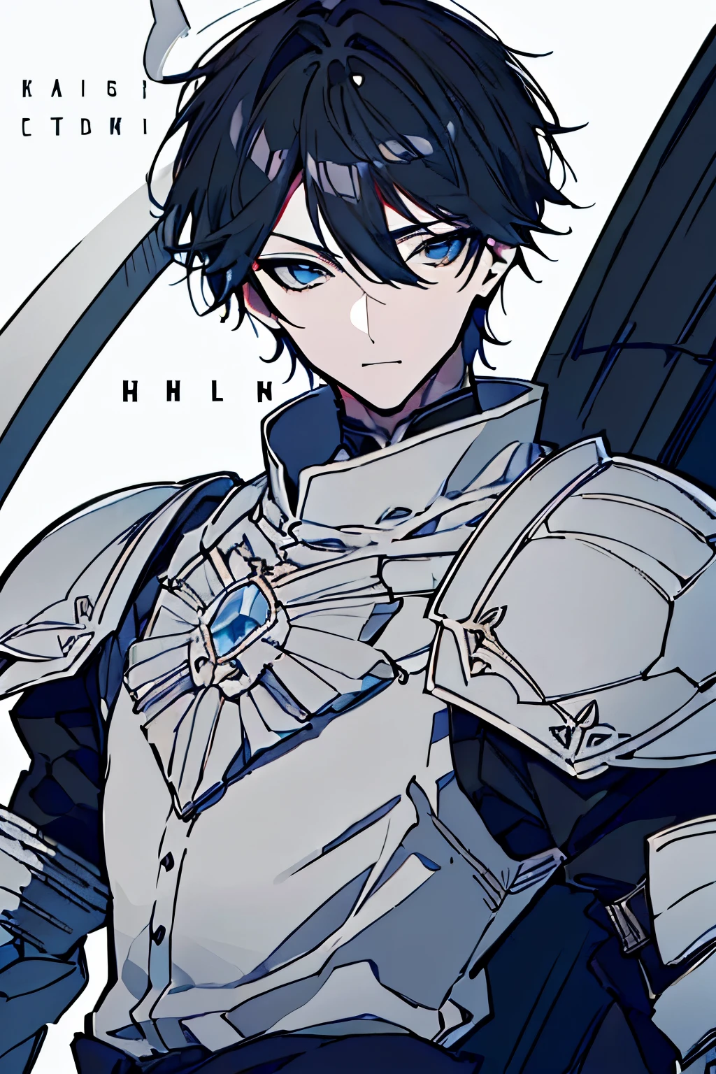 Drawing of a man in armor with a sword, Handsome, ((Beautiful beautiful man)), (Slanted Eyes), Pale blue eyes, 1. Slender Man, Adult male, ((Black-colored hair)),((Short Hair)), In 8K, Highest quality, (Very detailed head: 1.0), (Highly detailed face: 1.0), (Highly detailed hair: 1.0), ((wearing medieval armor)), Detailed official artwork, Beautiful and detailed anime art, (((((独奏))))), upper body, Hayato Kagami, Hayato Kagami, look at viewer, ((from front)), simple white background, Top of the head, knight, black knight