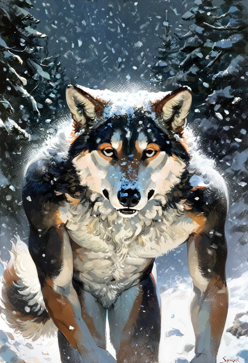 solo, male, anthro, (Husky), by seyorrol, digital artwork, ((detailed background)), intricate detailed blizzard background, heavy blizzard, mysterious shadows, realistic shading, (epic, masterpiece, high quality, 8k, ultra HD, absurd res, top quality, best quality, max quality, masterpiece), ((sexy, feminine body)), cloudy sky, (realistic fur), looking away, ((perfect hands)), struggling to walk through blizzard, close to camera, ((serious expression, baring teeth, realistic teeth, perfect teeth)), snowing very heavily, nighttime, (((half body))), (((nude, sheath, ballsack, erect canine penis, knot, leaking cum, nsfw)))