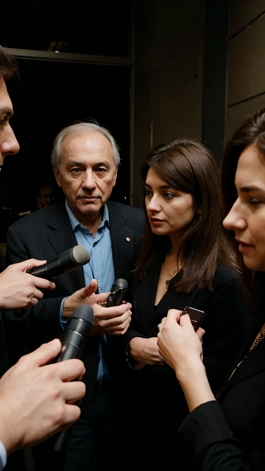 several journalists interviewing a 60-year-old man