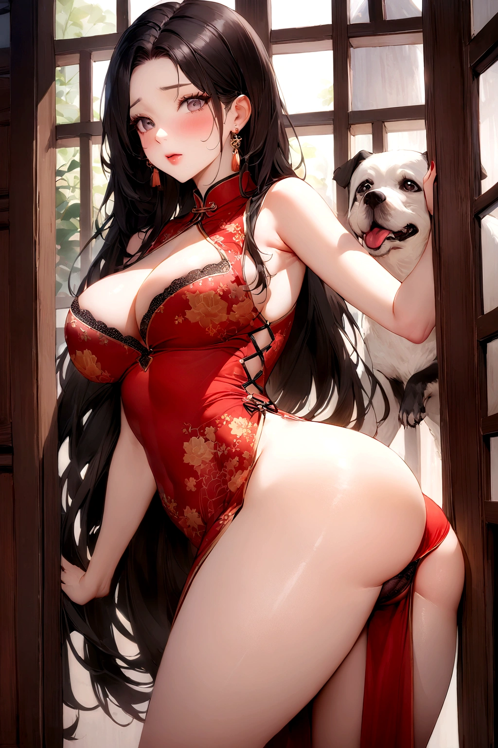 (from outside) (Shiny skin), many colors,best quality best,Masterpiece,Photo-realistic,complicated details,RAW photos,court,Gorgeous cheongsam in many colorss,extra long hair,Crooked shoulders,delicate face,Revealing the cleavage,decorate,standing by the window,on a cheongsam,lace,Underwear,decorate,revealing thighs,Close-up from the front,looking at camera.She arched her ass for the dog to see and he jumped and pounded her ass..She let the dog fuck her ass and fuck her pussy with his cock.