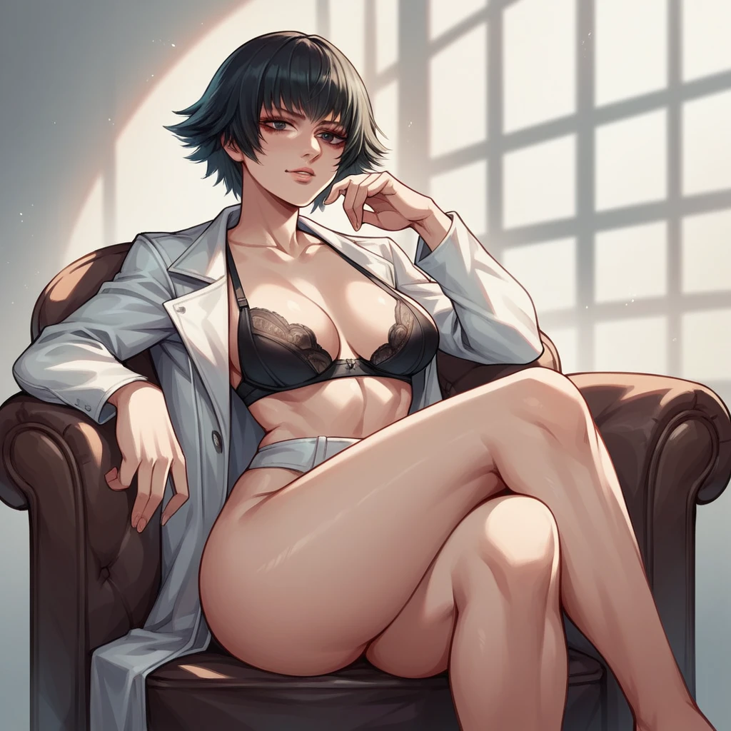 rating_explicit, beautyful woman, lady (from devil may cry 5:1.1), black bra, white jacket, sit, crossed legs