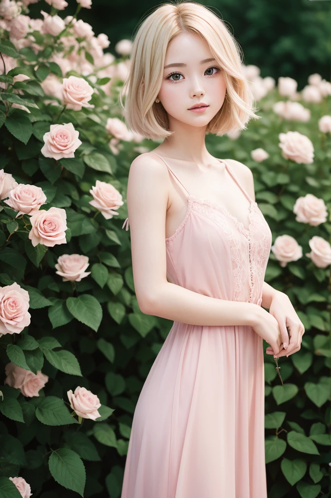 8K, CRU photo, Fujifilm, style photo of a beautiful young woman with dick marking in dress like Avril in a light pink rose garden (highly detailed skin: 1.2) Style-Petal BREAK short hair, blonde hair with colored highlights, wearing a dress, film grain, 35mm, cute style