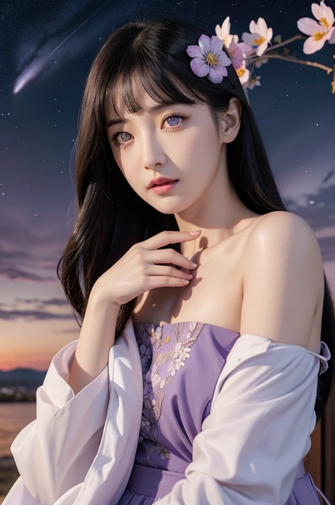 masterpiece, best quality, very detailed, illustration, , , 1 woman,alone, Image body, flower, looking at viewer, , , purple eyes, jewel-like eyes, very detailed 눈, very detailed 얼굴,, , star (sky), star자리,  purple energy,  handrail, meteor
