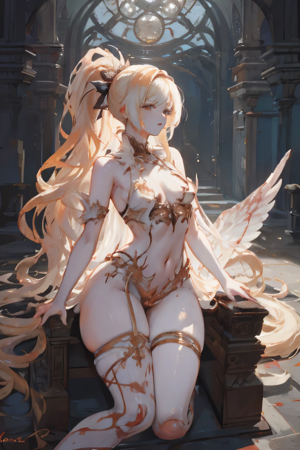 ((best quality)), ((masterpiece)), (detailed), 1girl, NSFW, small breasts, prominent collarbones, skinny arms, flat stomach, visible hip bones, long hair, (various hair colours red, white, blonde, dark), ponytail, thick ponytail, heavy ponytail, red and white clothing, Bloodborne inspired, occult aesthetic, occult, detailed and intricate steampunk and detailed gothic, NSFW Fluttering lace frilly petticoats, pleated petticoats