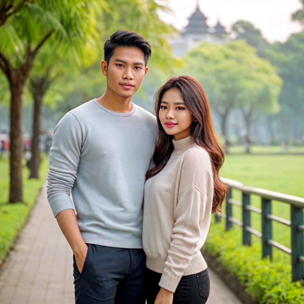 A handsome Indonesian man is relaxing with his beautiful black-haired girlfriend. background taman
