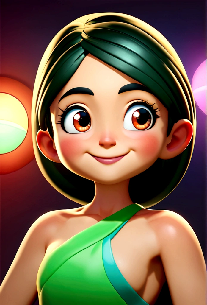 Imagem estilo pixar com personagem 3D óculos brancos morena mulher cabelo curto cacheado dançando, Disney makeup,fisherman, cute, smiling, naked close up, pixar, Disney, cinema lighting,