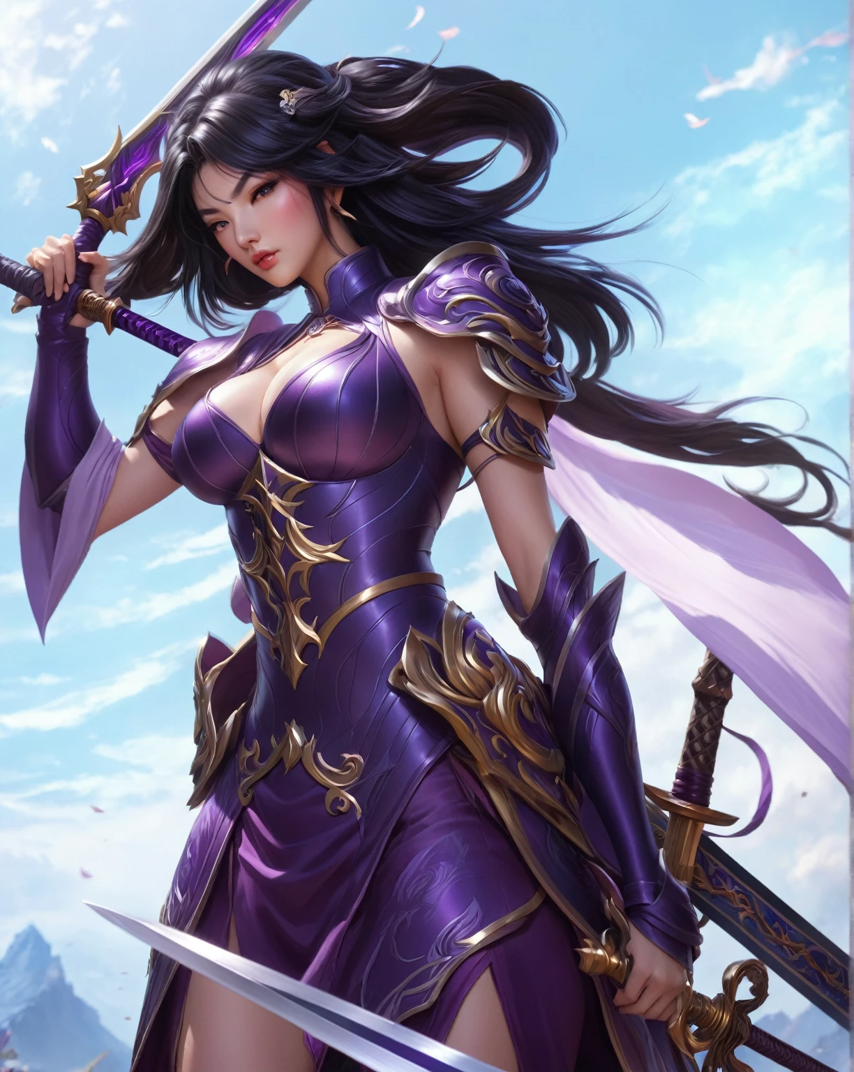 close up image of a woman in purple big breasts holding a sword, highly detailed artgerm, irelia, detailed artgerm, inspired by Shen Zhou, artgerm lau, black haired mage, inspired by Yi Jaegwan, 2. 5 d cgi anime fantasy artwork, style artgerm, inspired by Ju Lian