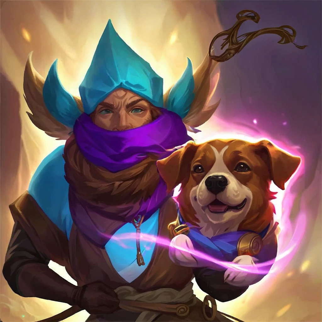 I want an icon of a character with rustic clothes and brown hair and his pet dog by his side