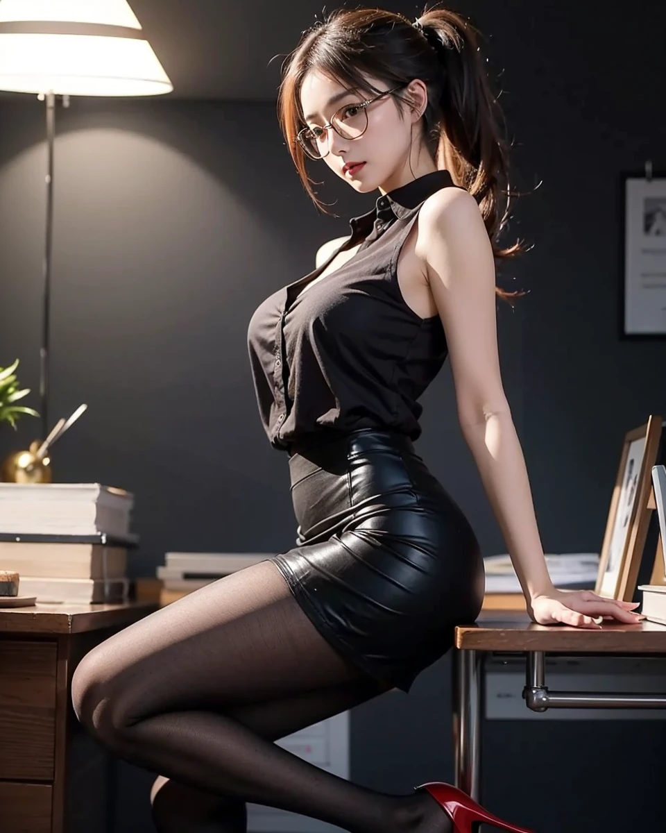 Beautiful Japanese Waifu, early 30s, brunette hair, wearing glasses, black armless shirt, miniskirt, black stockings, red high heels 