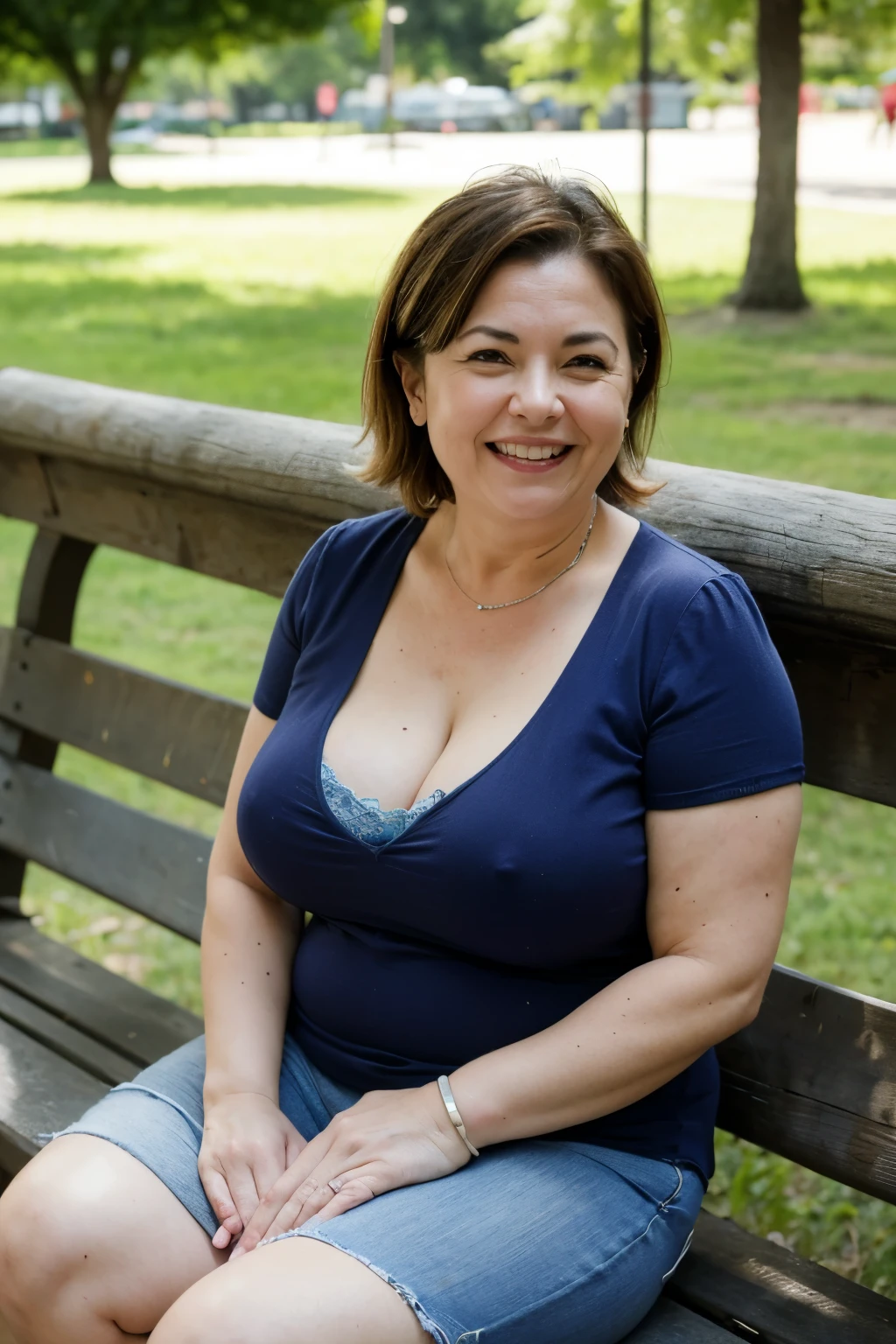 8k wallpaper, masterpiece, Highest quality, Super detailed, One Mature Woman, 50 years old, Become very clear, Wearing short sleeves, Skin dents, Captivating smile, Looking at the audience, Cleavage, plump, Curvaceous, Fascinating face, Smiling with teeth showing, Wrinkles around the eyes, Sitting on a park bench, Background Blur