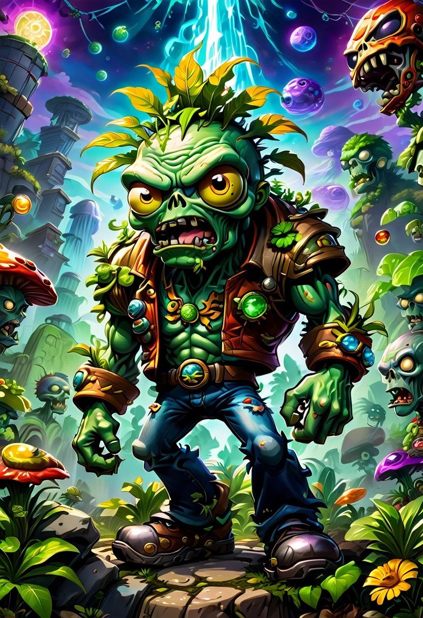 a Zombie dressed like Elvis Presley, hair, electric guitar, disco, game "Plants vs. Zombies", full body, cinematic still, cinemascope, best quality, masterpiece, very aesthetic, perfect composition, intricate details, ultra-detailed, vivid colors
