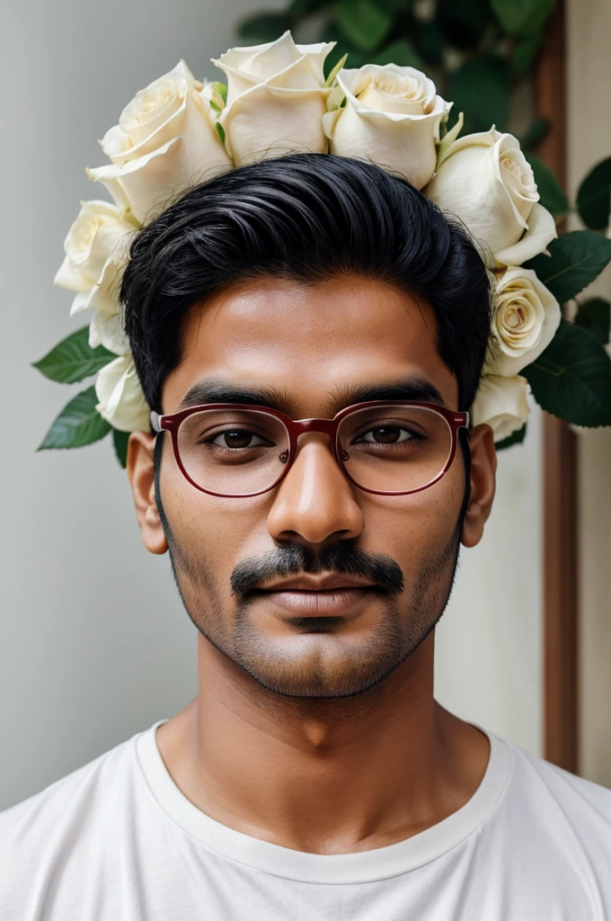 A Indian man, white colour, rose face, pimples on face, introvert,wearing specs, fit looking 