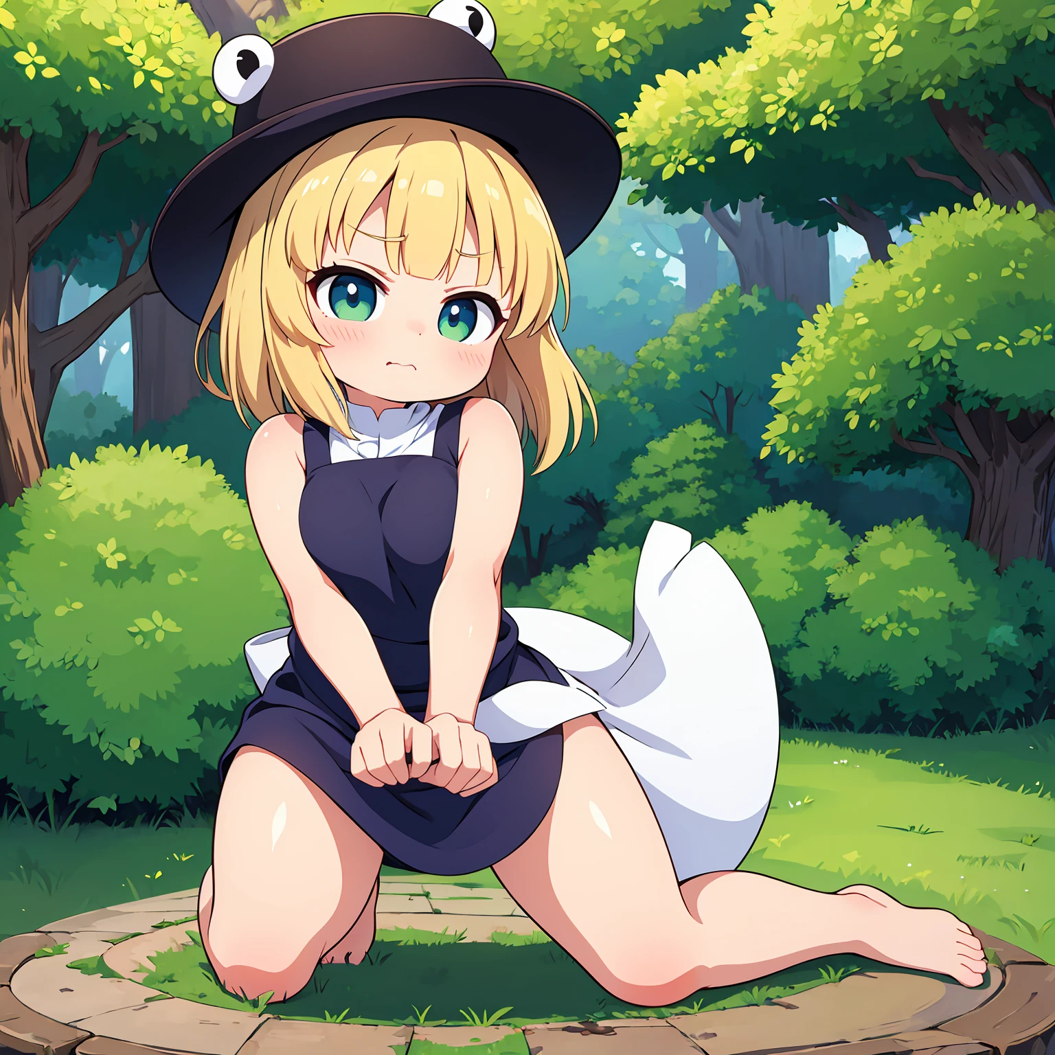 ((Highest quality)), ((masterpiece)), (detailed), Moriya  Suwako short hair middle breasts  Completely naked Cute face Kneeling Angry face