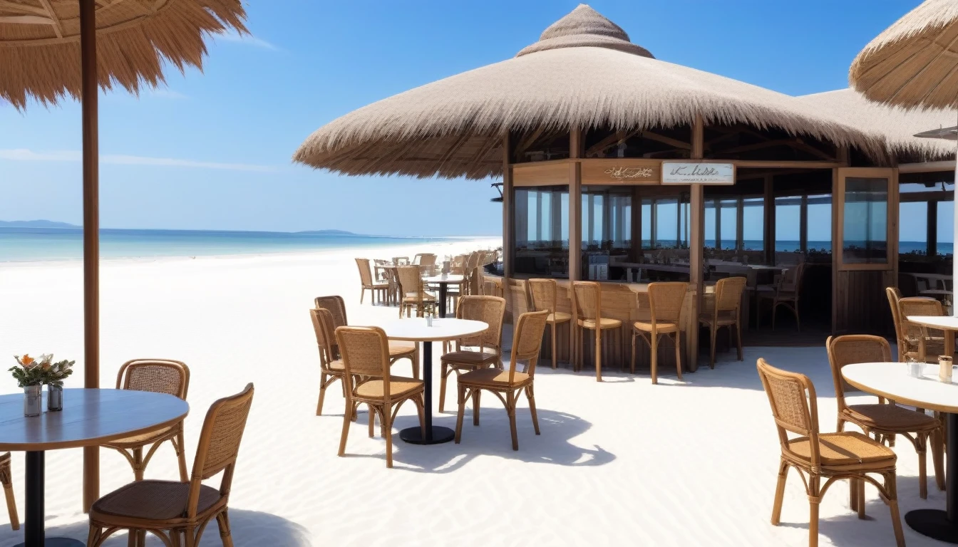 a beach cafe set in beautiful white sands where customers can see the sea and the the sunset and looking out to the see