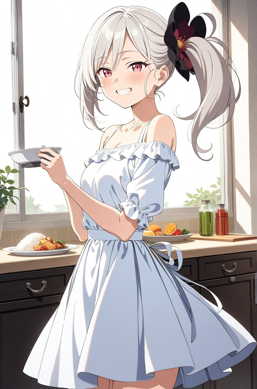 best quality, amazing quality, very aesthetic, absurdres, (1girl, mutsuki, blue archive, solo, red eyes, white hair, side ponytail), (realistic face:0.9),(off-shoulder dress:1.8),dress lift, (grin, blush, thigh:1.3), (cowboy shot), (glowing eyes), (half closed eyes:0.9), (from side:2),(official art:1.3), (kitchen), expressive eyes, perfect face, 4k, extremely detailed anime illustration, extremely detailed eyes, perfect anatomy, light rays, extremely delicate body, smooth skin, (school background:1.5), clear eyes, beautiful face, small breasts,(anime style:1.7), (Warm Light:1.5), (highres:2), In the kitchen, brightly lit by the morning sun, a woman in a white apron is smiling at us. In her right hand is a handful of rice balls, and in her left is a small white plate filled with salt. Her smile is as if she is saying, "Look, it's almost ready.