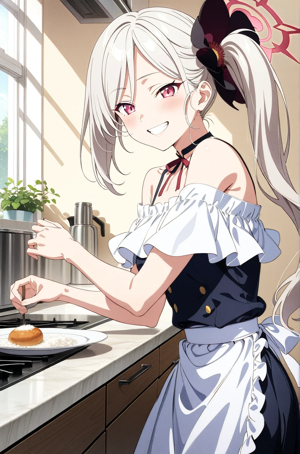 best quality, amazing quality, very aesthetic, absurdres, (1girl, mutsuki, blue archive, solo, red eyes, white hair, side ponytail), (realistic face:0.9),(off-shoulder dress:1.8),dress lift, (grin, blush, thigh:1.3), (cowboy shot), (glowing eyes), (half closed eyes:0.9), (from side:2),(official art:1.3), (kitchen), expressive eyes, perfect face, 4k, extremely detailed anime illustration, extremely detailed eyes, perfect anatomy, light rays, extremely delicate body, smooth skin, (school background:1.5), clear eyes, beautiful face, small breasts,(anime style:1.7), (Warm Light:1.5), (highres:2), In the kitchen, brightly lit by the morning sun, a woman in a white apron is smiling at us. In her right hand is a handful of rice balls, and in her left is a small white plate filled with salt. Her smile is as if she is saying, "Look, it's almost ready.