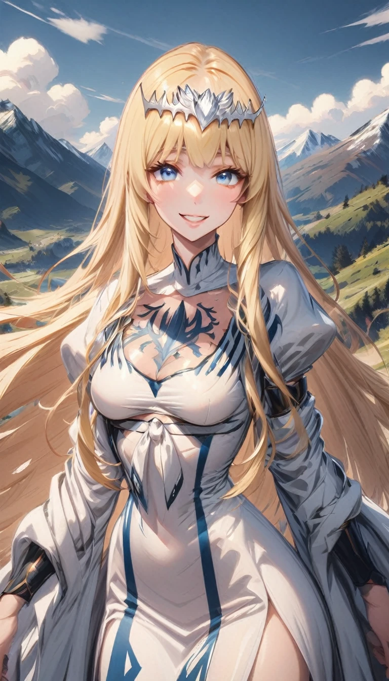 perfect eyes, elegant , happy, mountain, clouds, epic, close shot, looking at viewer, parted lips, teeth, happy face, smiling, 1girl,solo, calca, blonde hair, ,( extremely long hair:1.3), very long hair, extra long hair, white tiara, white dress, blue eyes,Calca Bessarez, medium breast,Calca

