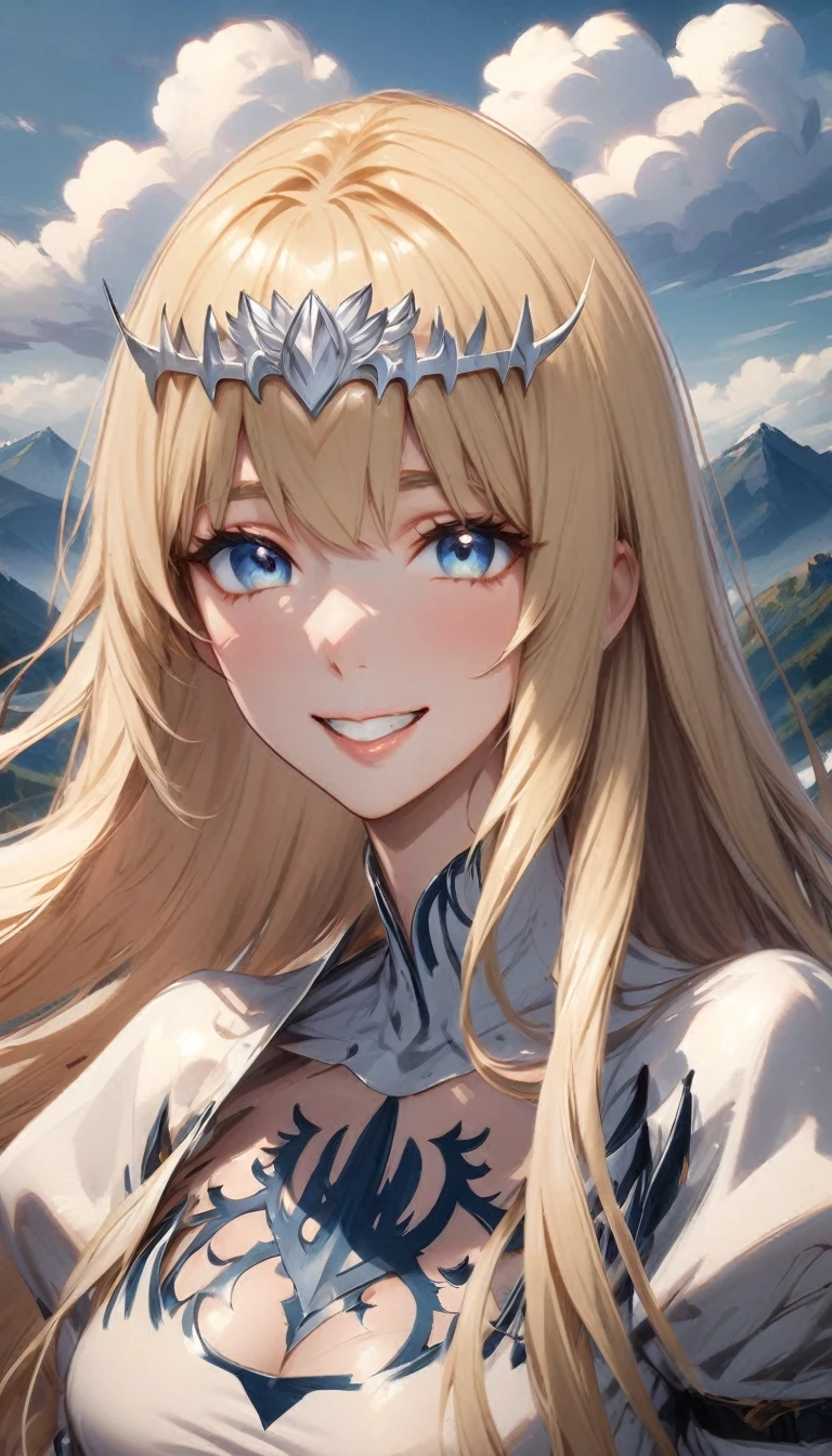 perfect eyes, elegant , happy, mountain, clouds, epic, close shot, looking at viewer, parted lips, teeth, happy face, smiling, 1girl,solo, calca, blonde hair, ,( extremely long hair:1.3), very long hair, extra long hair, white tiara, white dress, blue eyes,Calca Bessarez, medium breast,Calca