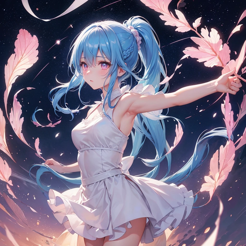 Sky blue hair, (One braided ponytail),(Pink Eyes),Fair skin ,(whole body),(One girl),goddess,Orihime,(Sky Yue),Tanabata,(The Milky Way in the night sky),Hollow Eyes,Blushing,Straight bangs,(masterpiece, Highest quality, Very detailed, Best Shadow), (Detailed Background), (Beautifully detailed face), High Contrast, (Best lighting, Very delicate and beautiful), ((Cinematic Light)), colorful, Hyper Detail, Dramatic Light, Intricate details,Open your arms