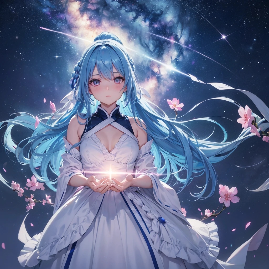 Sky blue hair, (One braided ponytail),(Pink Eyes),Fair skin ,(whole body),(One girl),goddess,Orihime,(Sky Yue),Tanabata,(The Milky Way in the night sky),Hollow Eyes,Blushing,Straight bangs,(masterpiece, Highest quality, Very detailed, Best Shadow), (Detailed Background), (Beautifully detailed face), High Contrast, (Best lighting, Very delicate and beautiful), ((Cinematic Light)), colorful, Hyper Detail, Dramatic Light, Intricate details,Open your arms