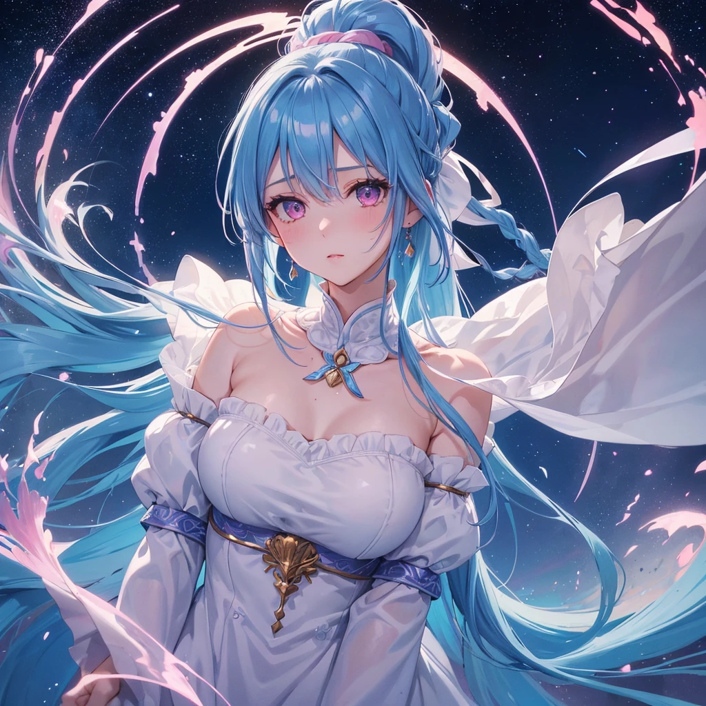 Sky blue hair, (One braided ponytail),(Pink Eyes),Fair skin ,(whole body),(One girl),goddess,Orihime,(Sky Yue),Tanabata,(The Milky Way in the night sky),Hollow Eyes,Blushing,Straight bangs,(masterpiece, Highest quality, Very detailed, Best Shadow), (Detailed Background), (Beautifully detailed face), High Contrast, (Best lighting, Very delicate and beautiful), ((Cinematic Light)), colorful, Hyper Detail, Dramatic Light, Intricate details,Open your arms