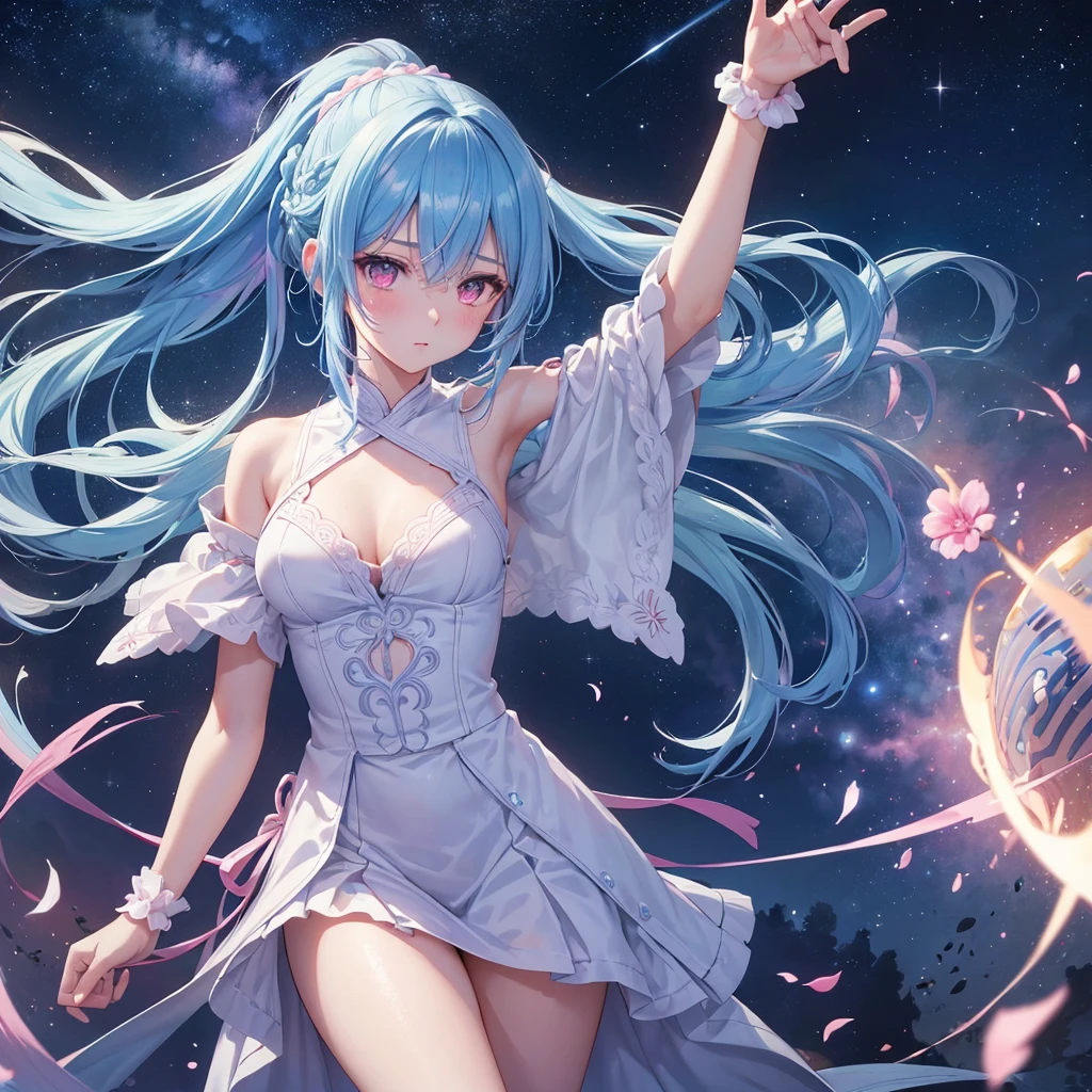 Sky blue hair, (One braided ponytail),(Pink Eyes),Fair skin ,(whole body),(One girl),goddess,Orihime,(Sky Yue),Tanabata,(The Milky Way in the night sky),Hollow Eyes,Blushing,Straight bangs,(masterpiece, Highest quality, Very detailed, Best Shadow), (Detailed Background), (Beautifully detailed face), High Contrast, (Best lighting, Very delicate and beautiful), ((Cinematic Light)), colorful, Hyper Detail, Dramatic Light, Intricate details,Open your arms
