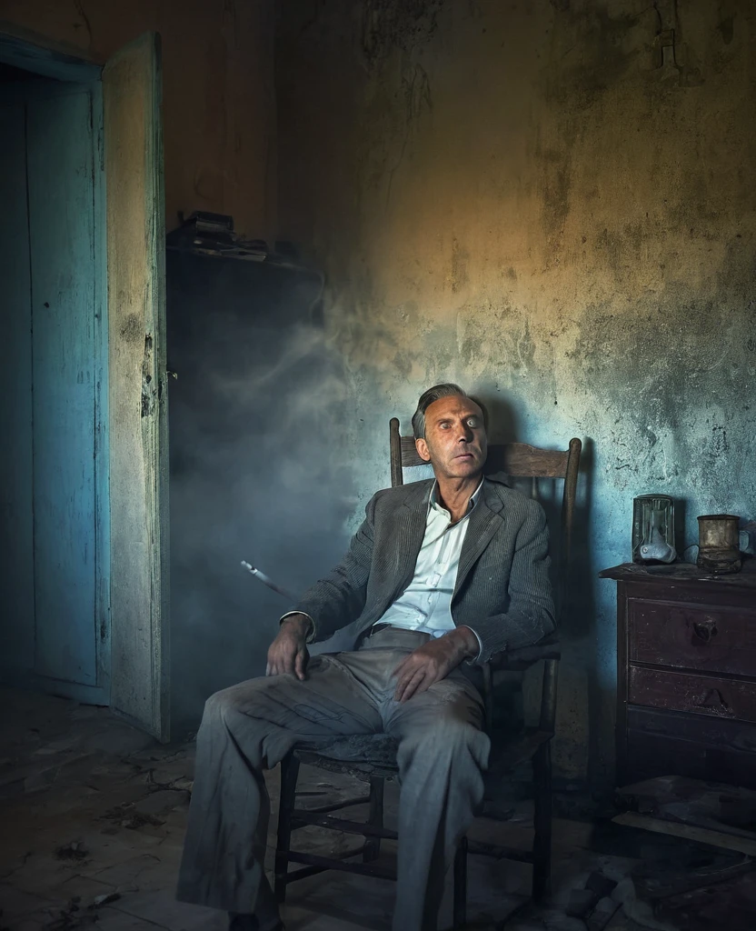 ABANDONED ROOM, Worn Walls, old furniture covered in dust.
 The only light comes from the TV, displaying static.
 Tired man sitting on an old wooden chair. 
He holds a lit cigarette, whose smoke slowly dissipates. 
The bluish light from the TV illuminates your face and part of the room, creating a game of shadows.