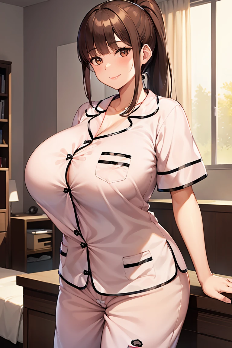 (high resolution), the digital cartoon female standing, 1girl, woman, mature female, house wife, 40 years old, curvy, breasts, smile, (short sleeve pajamas:1.5), gigantic breasts, solo, brown hair, ponytail, blunt bangs, brown eyes, looking at viewer, bedroom,