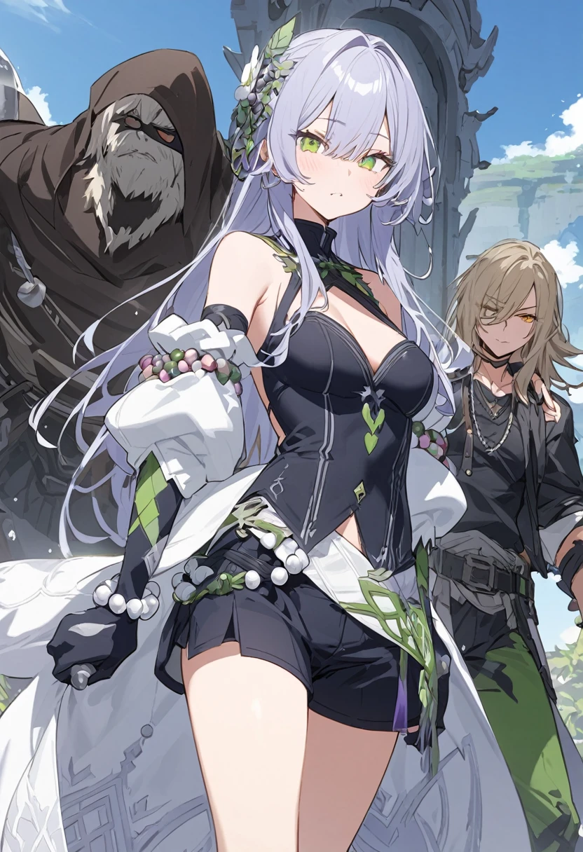 une fille manga aux cheveux bruns clairs et aux yeux verts elle a un débardeur blanc avec des perles sur les bretelles et un short en jean