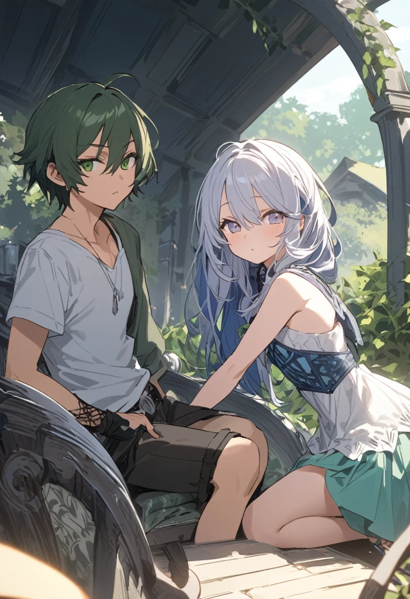 une fille manga aux cheveux bruns clairs et aux yeux verts elle a un débardeur blanc avec des perles sur les bretelles et un short en jean