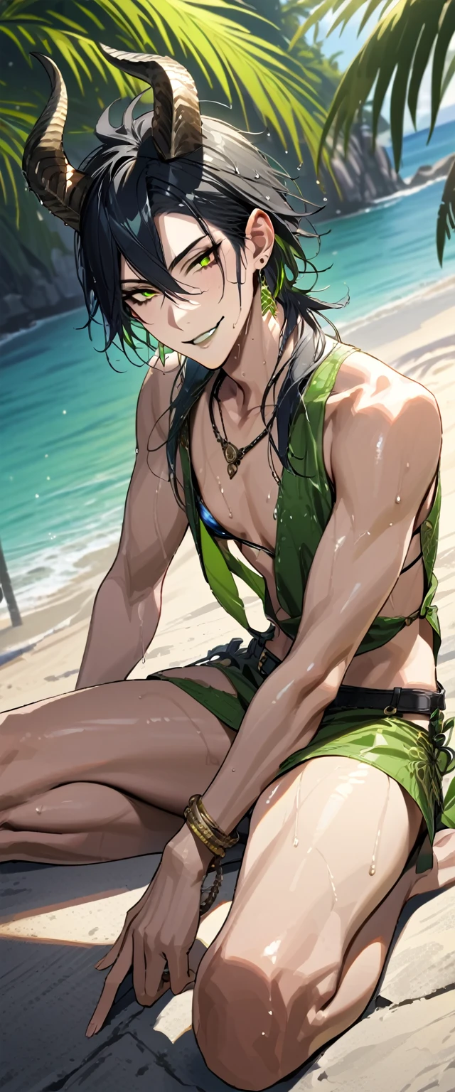 masterpiece, highres, absurdres, illustration, ((masterpiece:1.4, best quality)), (Ultra detailed background), 1boy, handsome man, highly detailed beautiful face and eyes, beautiful eyes, (sharp detail:1.3), shiny, earrings, bracelet, (wet bikini:1.3), Bari, Cebu Island, plumeria, near the beach, 1boy, sitting on floor, dynamic angle, full body, malleus draconia (twisted wonderland) horns, bishounen, boy, male, yana Toboso style, long hair, black hair, yellow green eyes, smile, gray lips, handsome, skinny, tall, yellow green glow,AddXL