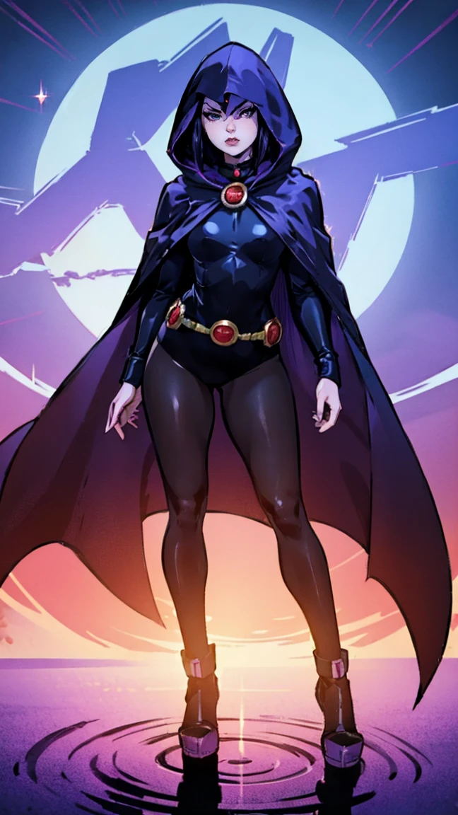 illustration of Raven from DC Comics, 1 girl, photo by full body, showing the whole body, Raven, sensuous, delicious, high collar, collant preto, black cloack, hooded cloak, cabelo roxo, testa jeauel, purples eyes, shorth hair, waist belt, stretched skin, standing, neckleace, toned, pose, natta , moonlights, ((posando)), motion lines, trunk, trunk, portraite, b&au. contour, no anime taro card art style, chic, glamorous, reflection, Glow Up, shadowing, pantyhose 40 dinier, mic