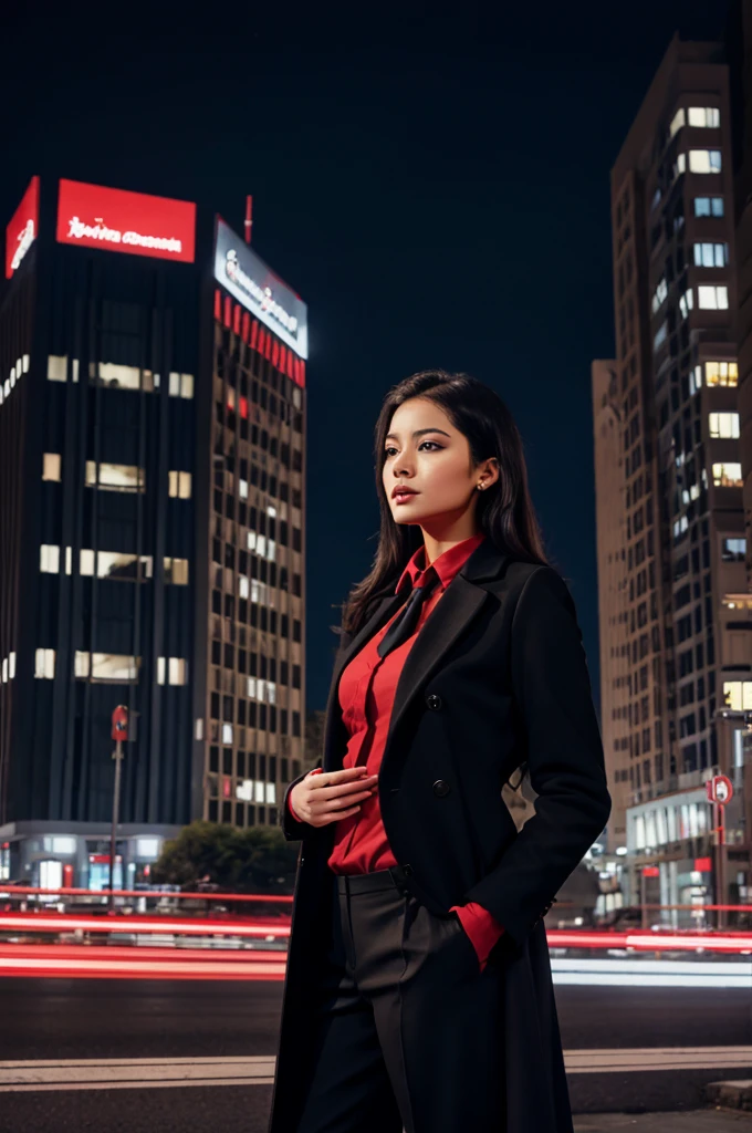 A women with long black coat and baby red colour shirt and black tie and short pant.. background long building in night 