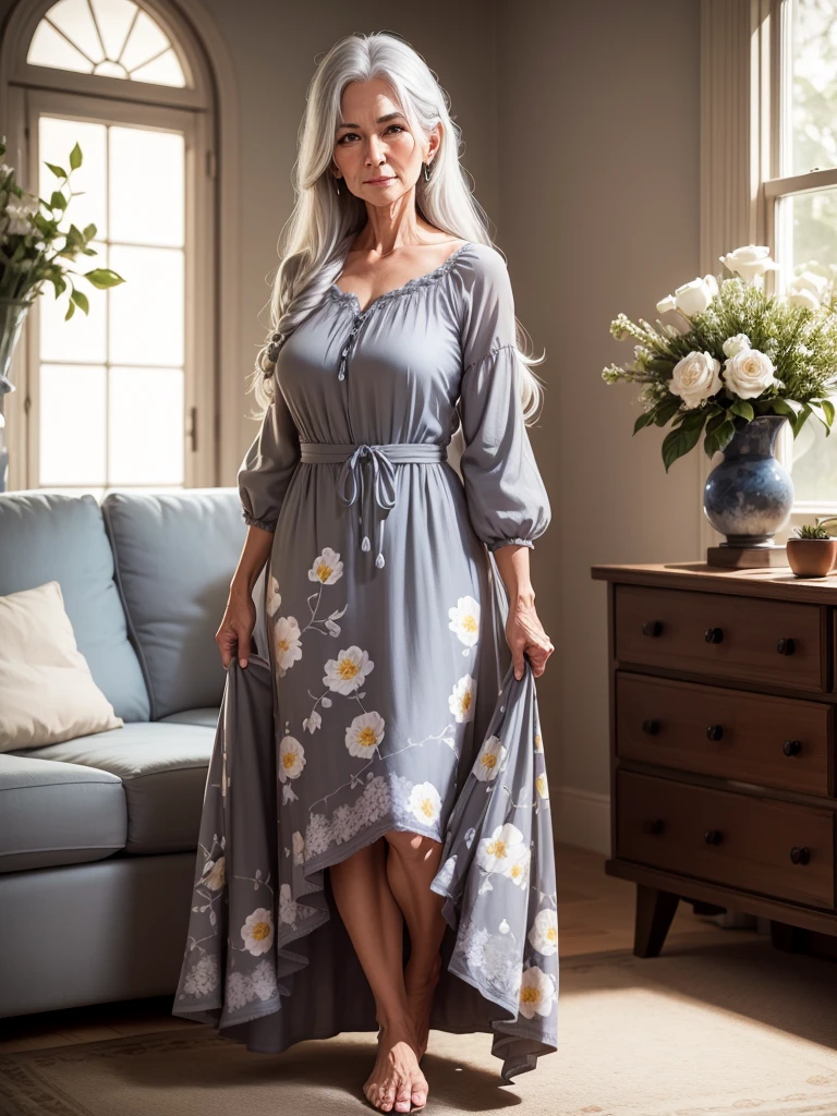 58 year old woman, long gray hair, detailed and shadowed face, posing for photo, flowered dress, living room scene, senora (best qualityer).full body and foot