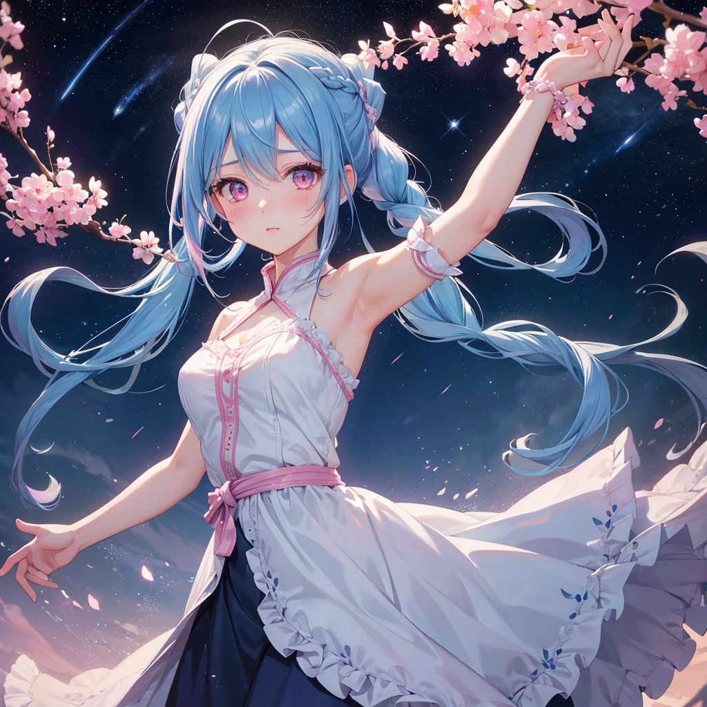 Sky blue hair, (One braided ponytail),(Pink Eyes),Fair skin ,(whole body),(One girl),goddess,Orihime,(Sky Yue),Tanabata,(The Milky Way in the night sky),Hollow Eyes,Blushing,Straight bangs,(masterpiece, Highest quality, Very detailed, Best Shadow), (Detailed Background), (Beautifully detailed face), High Contrast, (Best lighting, Very delicate and beautiful), ((Cinematic Light)), colorful, Hyper Detail, Dramatic Light, Intricate details,Open your arms